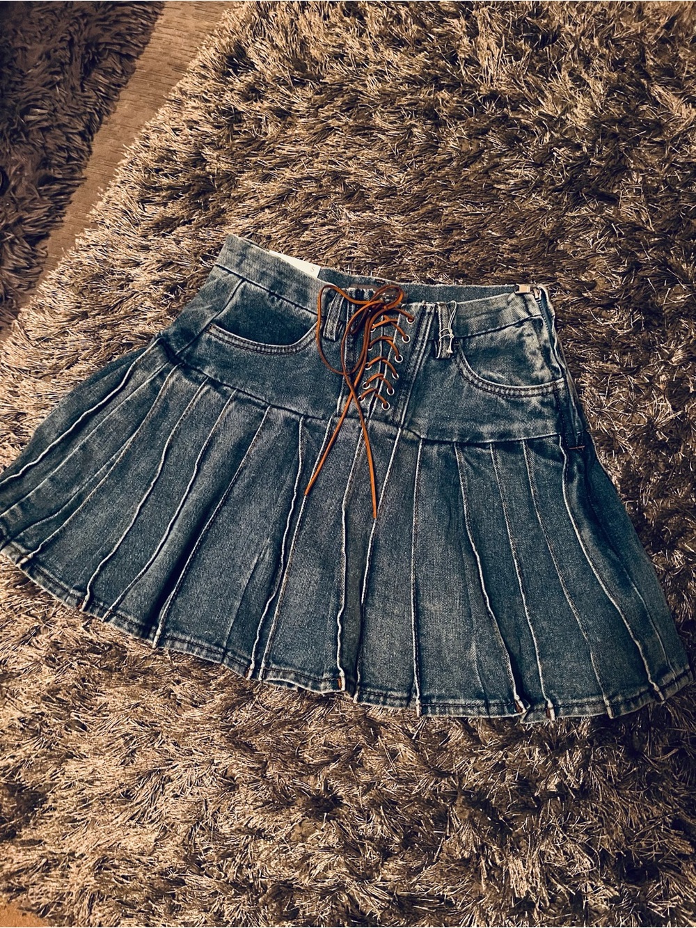 Lace-Up Pleated Denim Mini Skirt - Blue